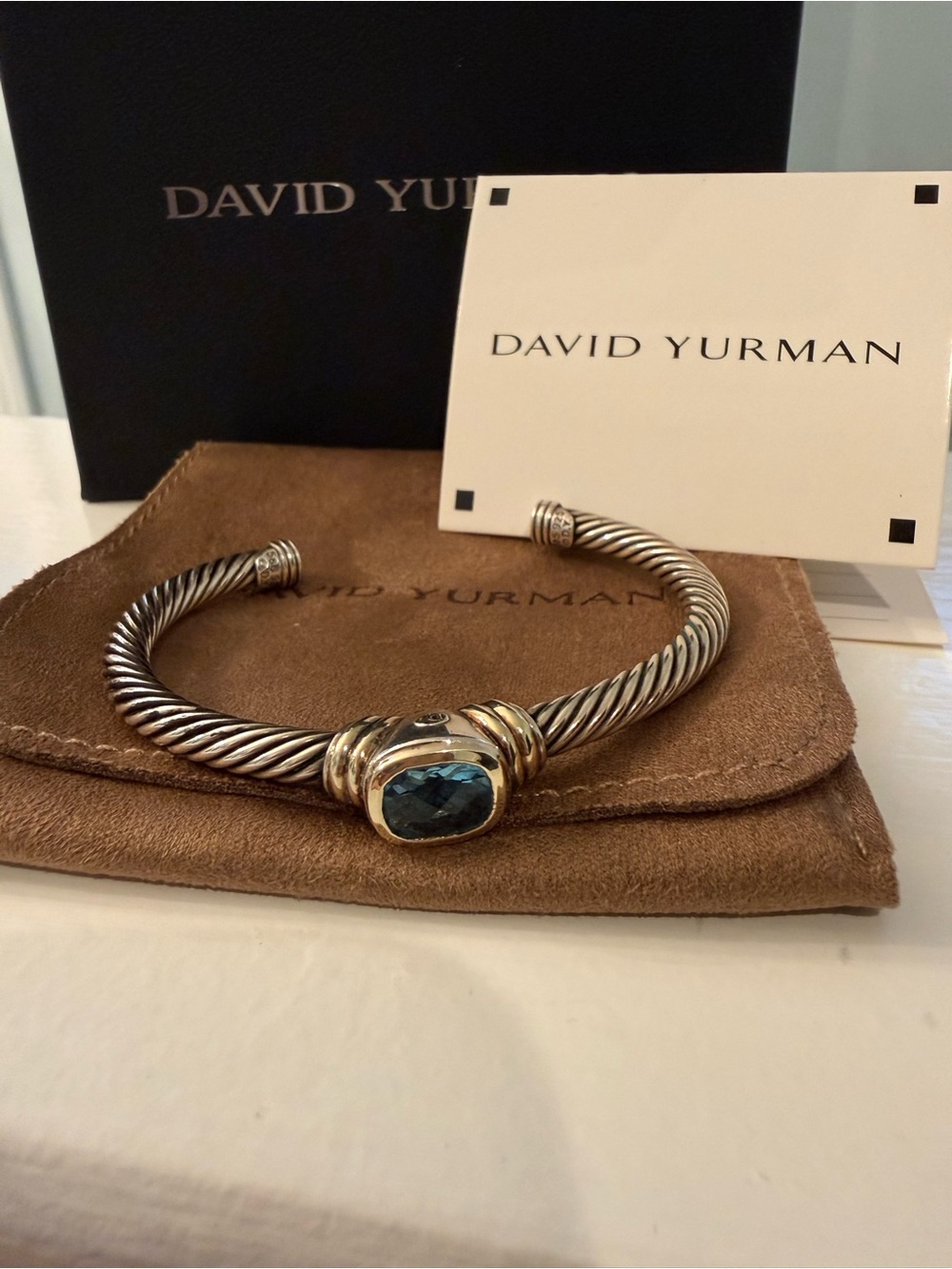 David Yurman Sterling Cable Bracelet with Blue Topaz and 18K Gold Accents